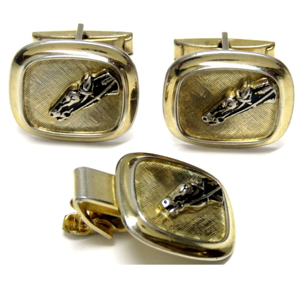 Cufflinks Tie Clip Set Horse Head Brushed Gold Vintage Men Formal Jewelry
